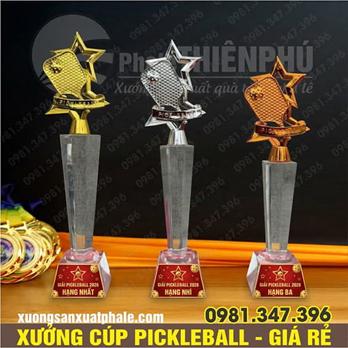 Bộ Cúp Pickleball Thân Pha Lê Gắn Vợt Vàng, Bạc, Đồng