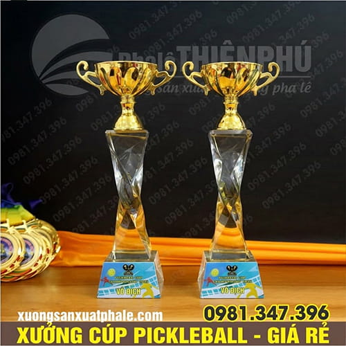 Bộ Cúp Pickleball Thân Pha Lê Màu Gắn Vợt Vàng, Bạc, Đồng