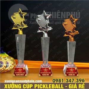Bộ Cúp Pickleball Thân Pha Lê Gắn Vợt Vàng, Bạc, Đồng